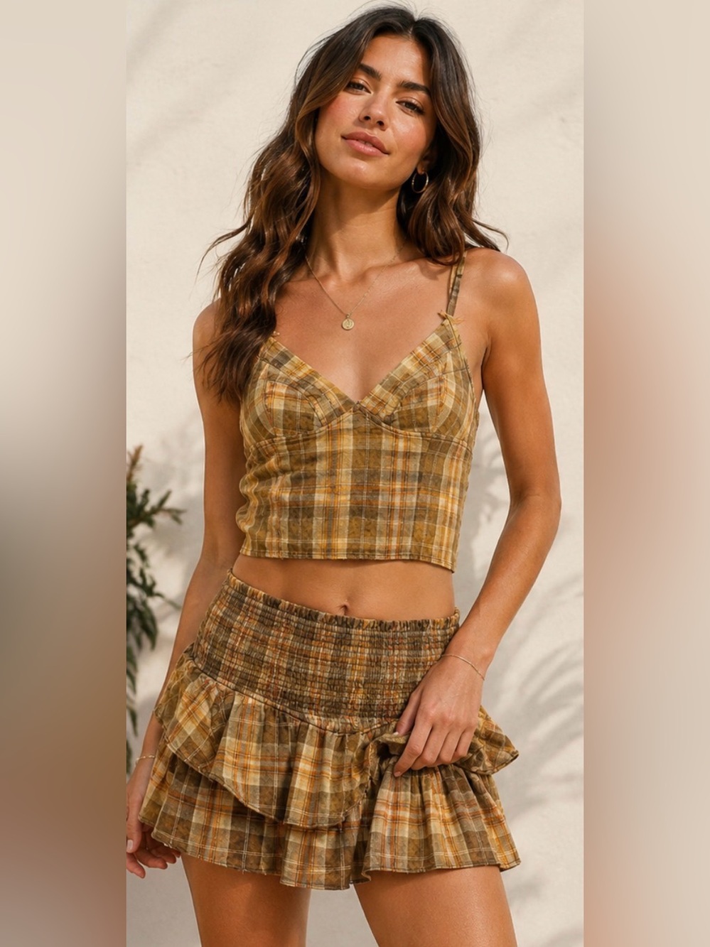 Oli & Hali 2 piece set- Plaid Ruffle Mini Skirt + top - Size Large